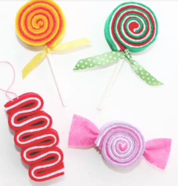 An image of candy ornaments made of felt 