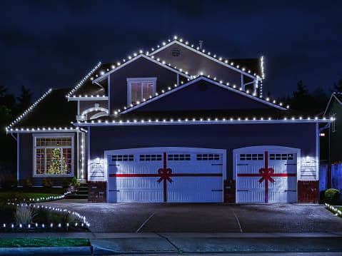 An image of a house decorated for Christmas 