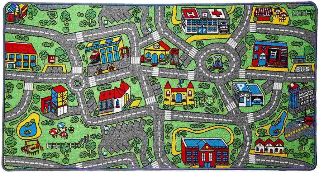 An image of a play mat with a road design kids' activities 