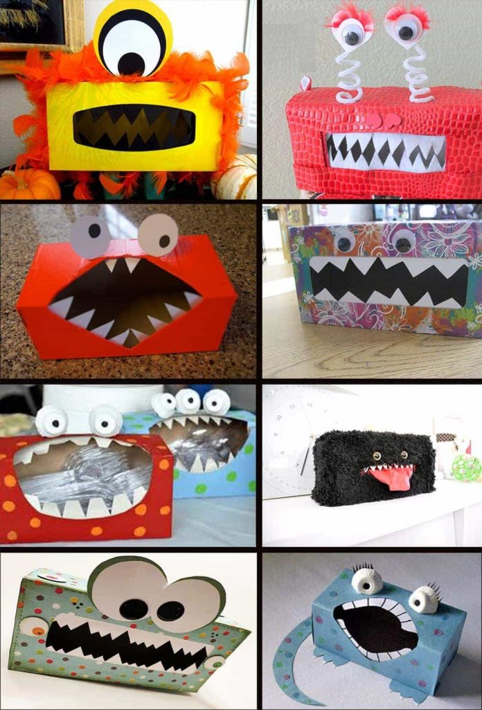 An image of tissue box monsters made by kids as a fun indoor activity