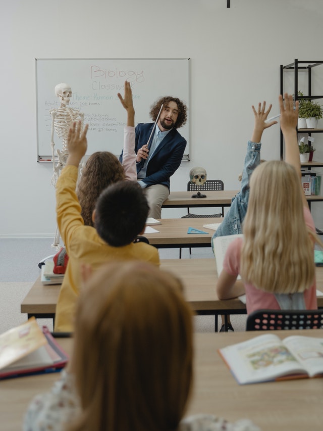 Students raising hands after teacher asks questions