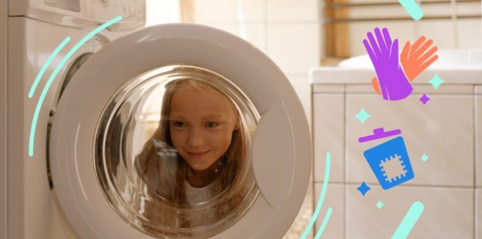 Image of kid with washing machine - chores for kids