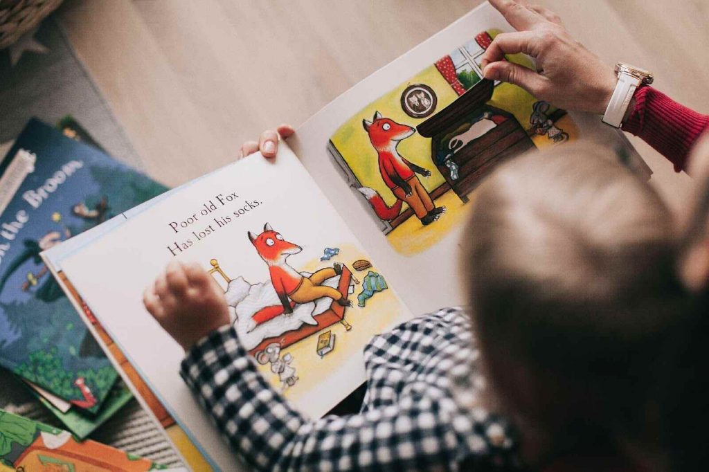 Little child reading illustration story book brain teasers for kids