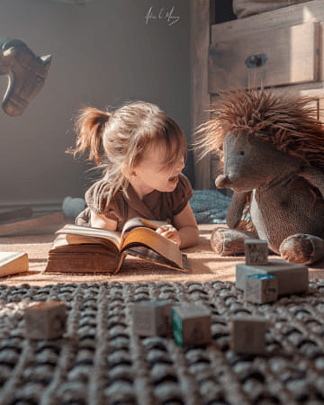 Little girl reading amusing story sitting with a stuffed toy