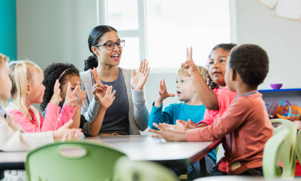 Preschool teacher and students in classroom teaching preschoolers