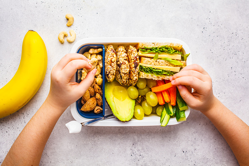 School healthy lunch box with sandwich, cookies, fruits and avocado lunch ideas for kids