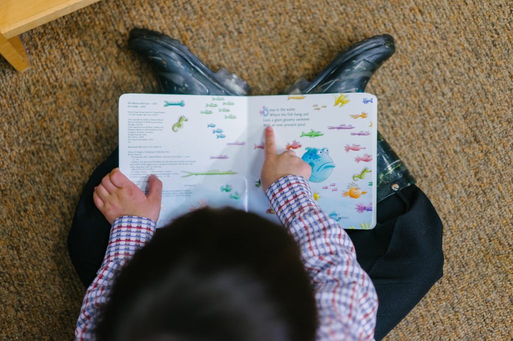 Small child sitting on carpeted floor reading a picture book