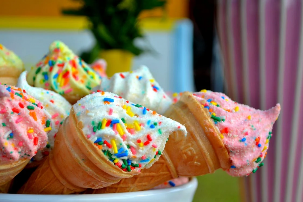 Cones of homemade ice cream with sprinkles