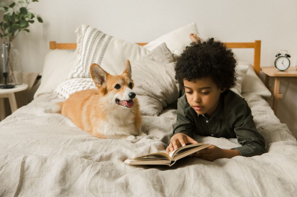 Young boy in bed reading with his pet dog