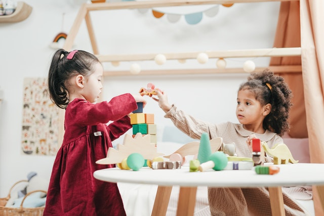 Two kids playing with wooden blocks