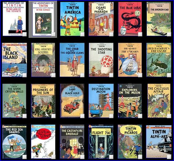 Covers of the different Tintin books in the Tintin series