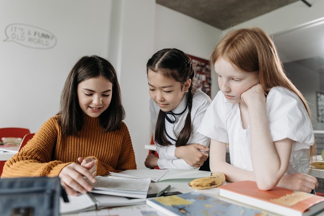 Girls sitting at the table studying