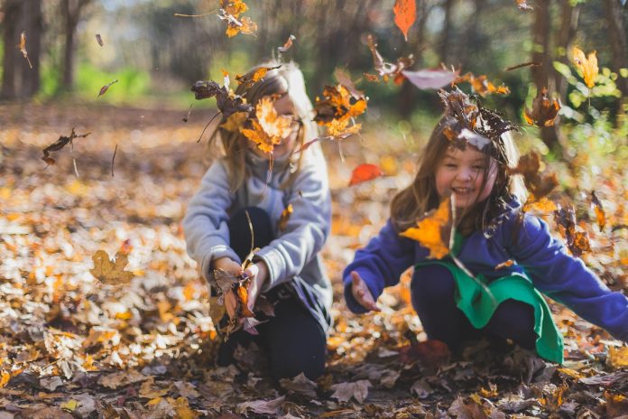 Small girl playing with leaves in the forest