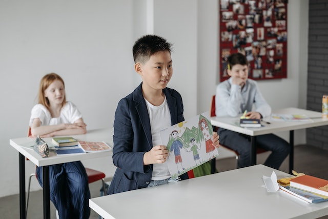 Kids presenting a drawing in class