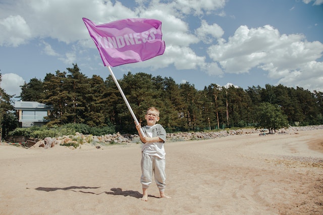 Boy waving a flag promoting Kindness