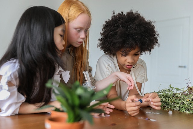 Three children looking at leaves under a microscope