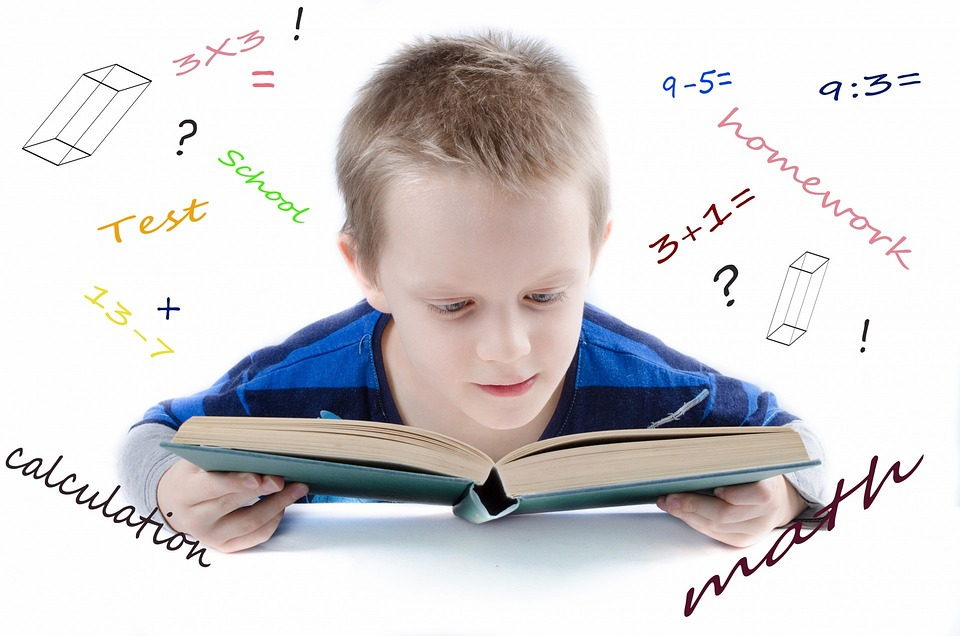 Boy reading book equation background image