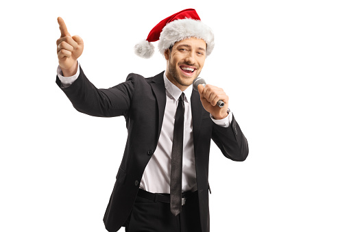 Man In christmas costume singnin with white background