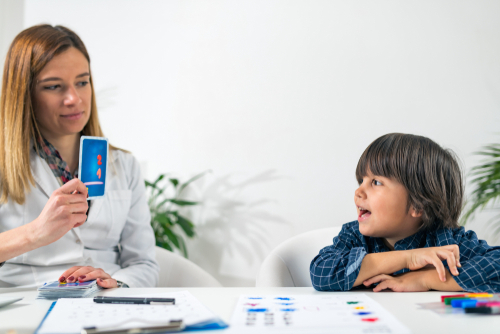Woman using visual cards to teach a young boy