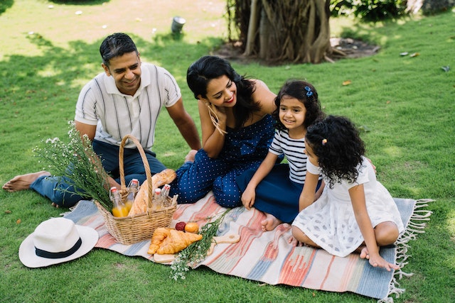 Family having a picnic in spring