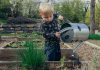 Little boy watering plants