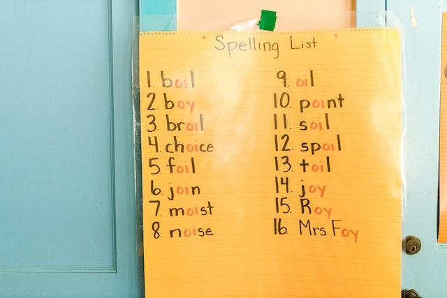 Spelling list put on a wall showing letter symbols and their sounds