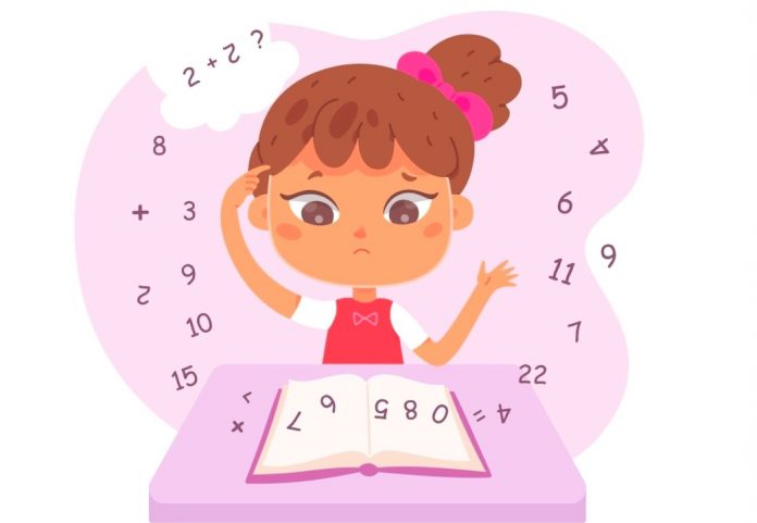 Illustration of a young girl confused with numbers