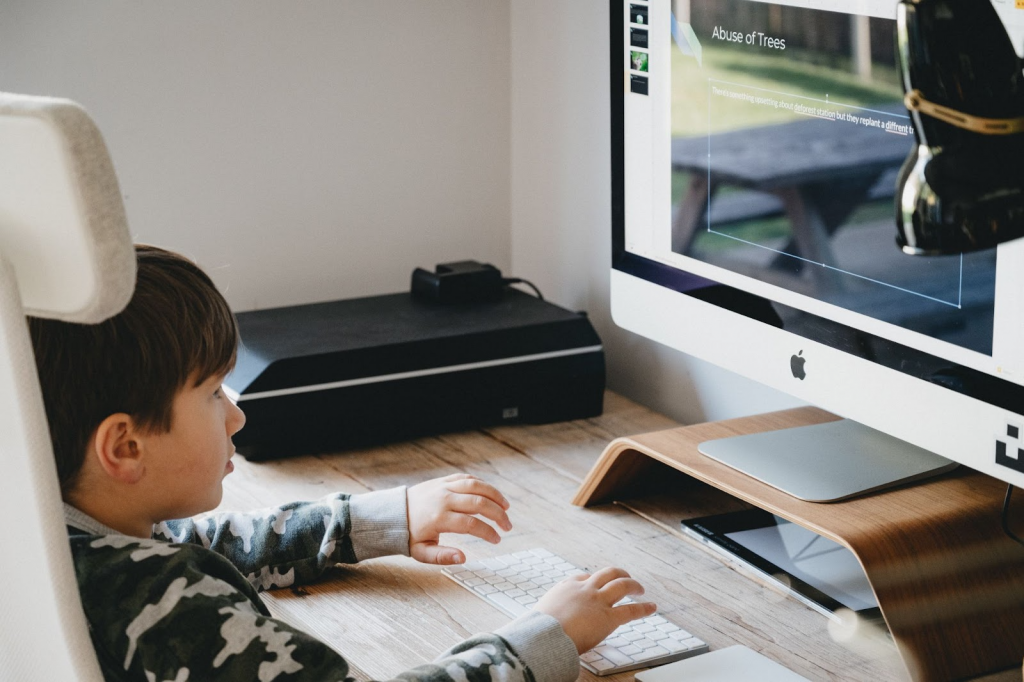 Boy studying on computer