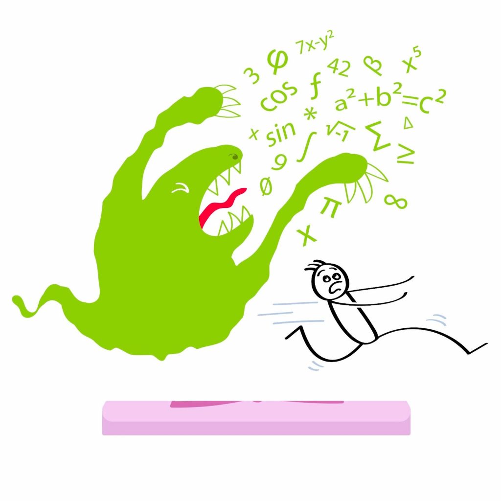 Illustration of a kid running from a giant scary math cartoon