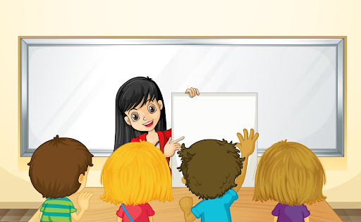 Illustration of teacher holding a paper and a kid raising his hand