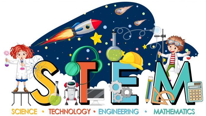 Vector image of stem education logo with scientist kids galaxy theme