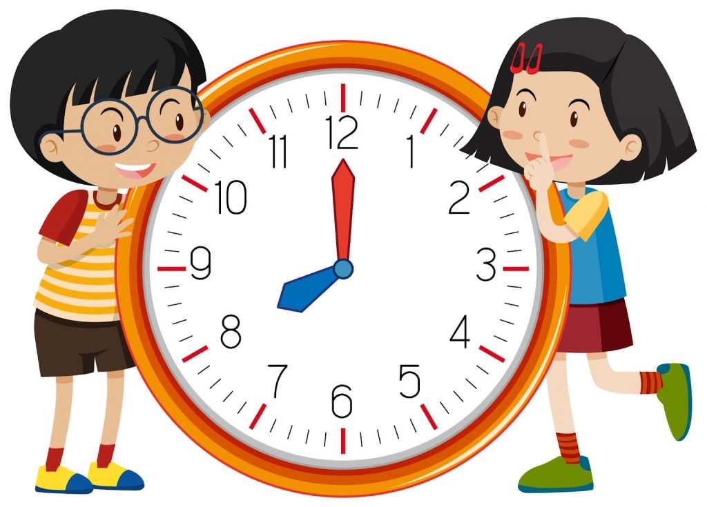 Illustration of a boy and girl standing on either sides of the clock