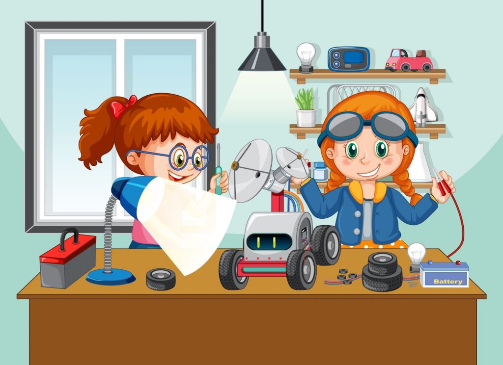 Illustration of kids fixing robot together