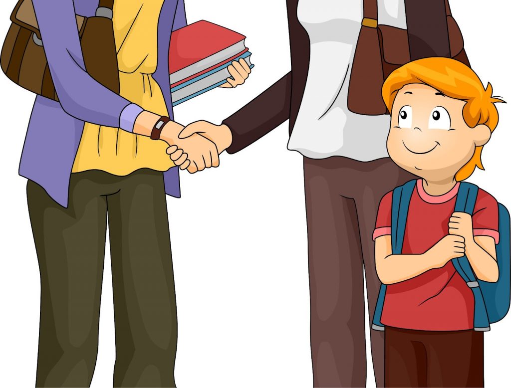 Illustration of two adults shaking hands and a kid nearby