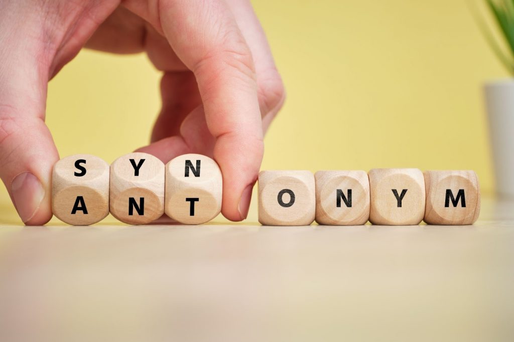 Synonym and antonym written on wooden cube