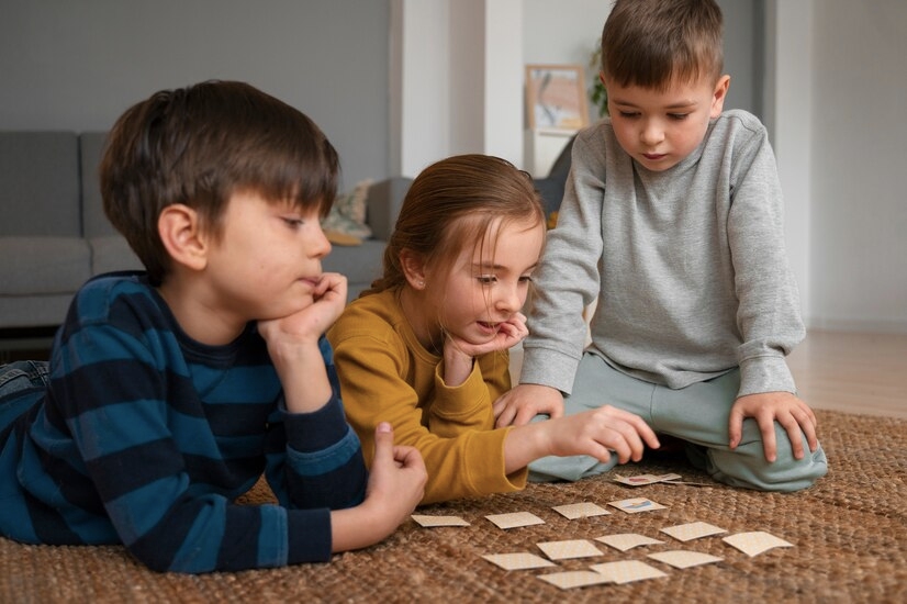 3 kids playing memory game