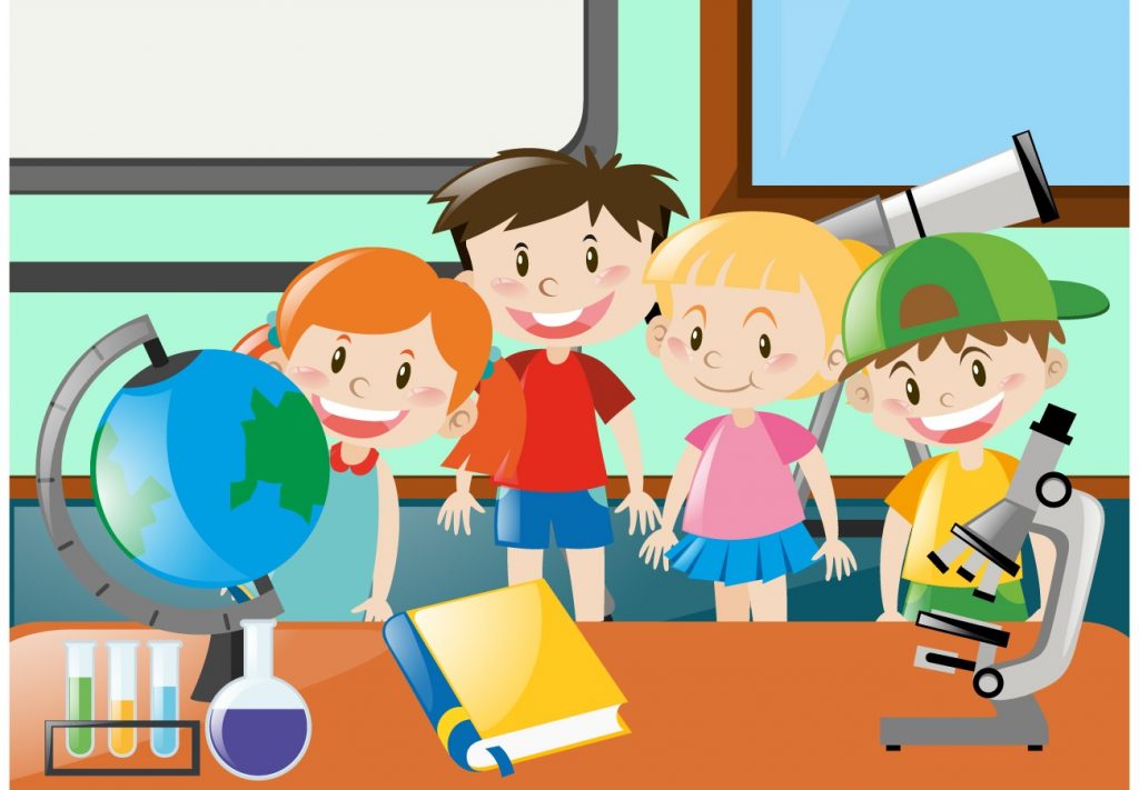 Illustration of kids standing together infront of table with globe tubes microscope