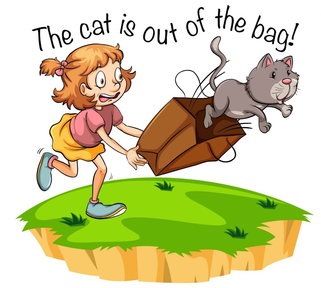 animalidiomsforkids Illustration of a cat coming out of a bag
