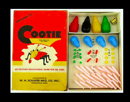 An opened box of cootie Game