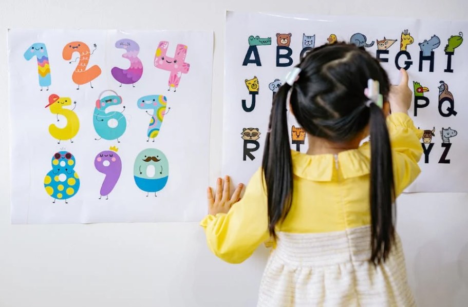 Girl in long sleeve dress reading alphabets on the wall