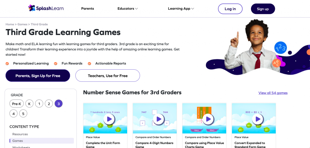 Splashlearn third grade learning games page