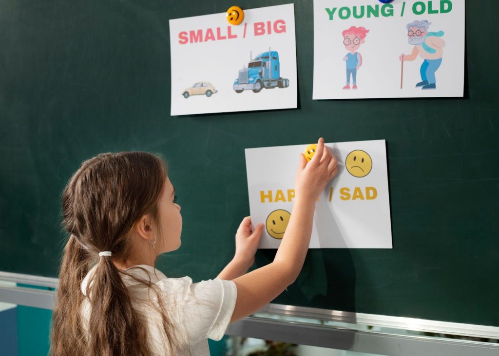 A young girl pinning picture chart on board