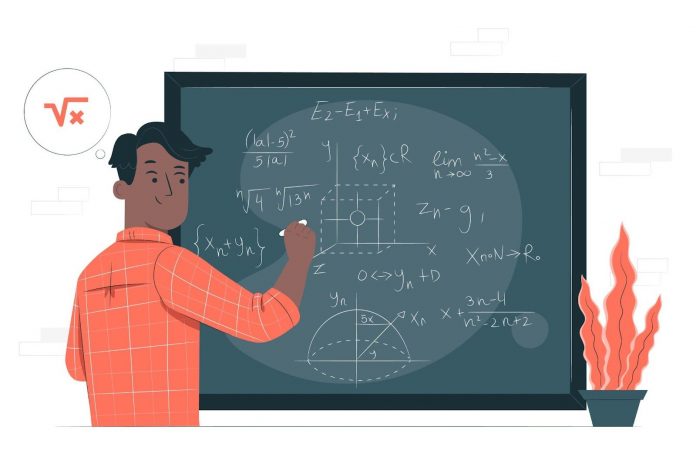 Illustration of a math teacher writing on board