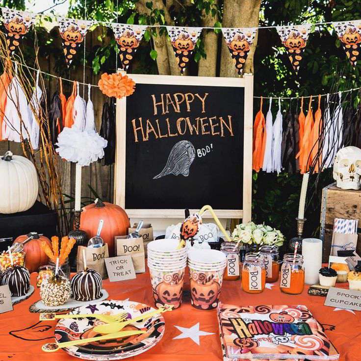 A halloween booth with various accessories