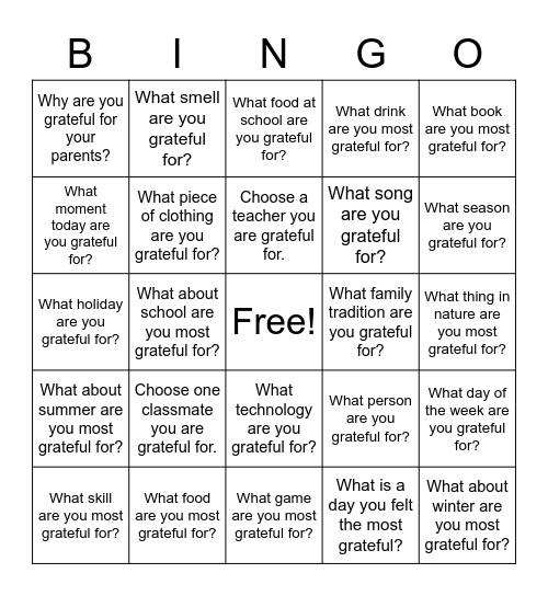 Gratitude bingo card