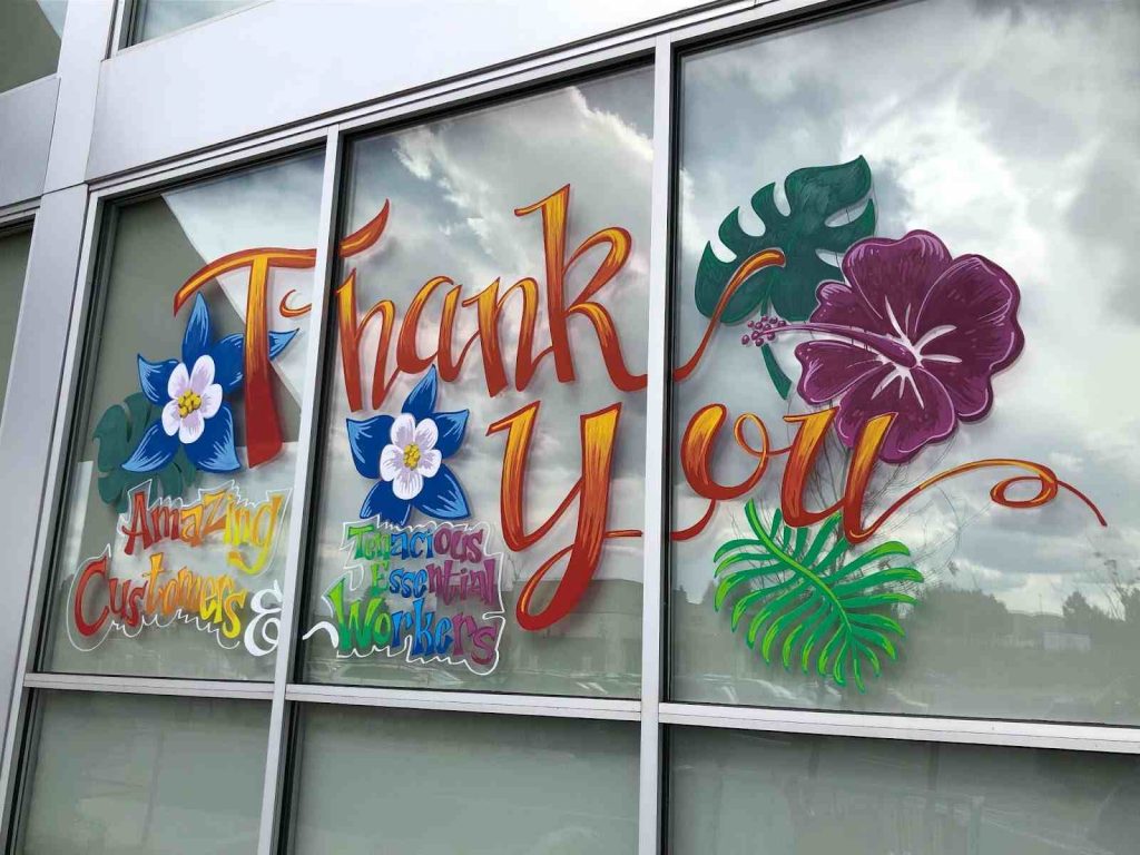 A thank you painting on window
