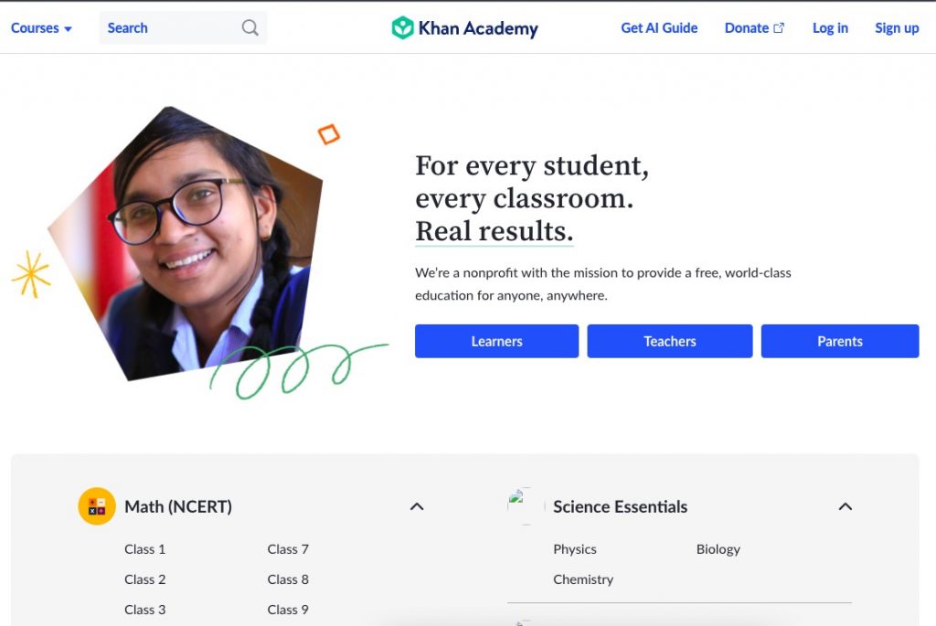 Khan Academy homepage