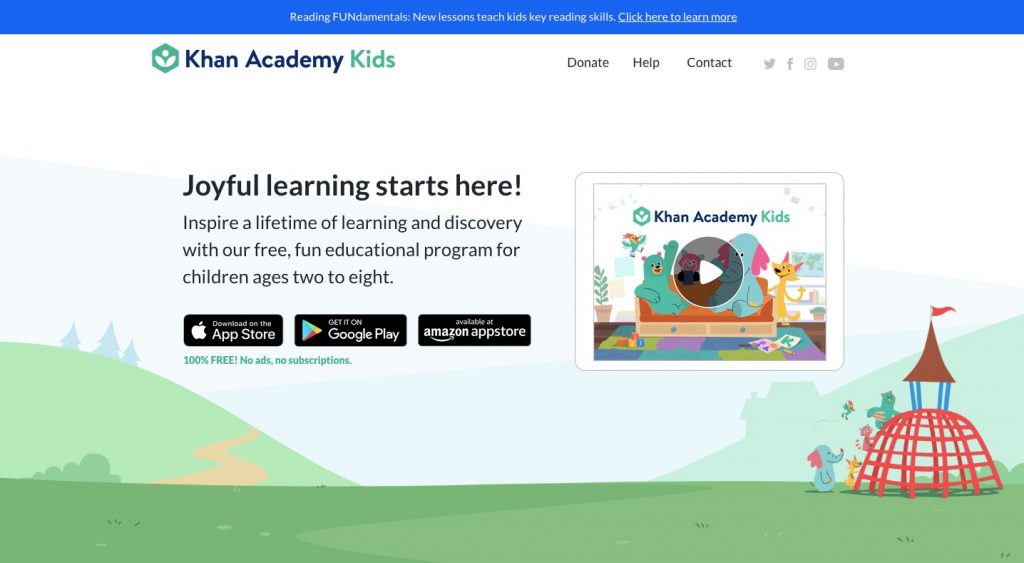 Home page of Khan Academy Kids