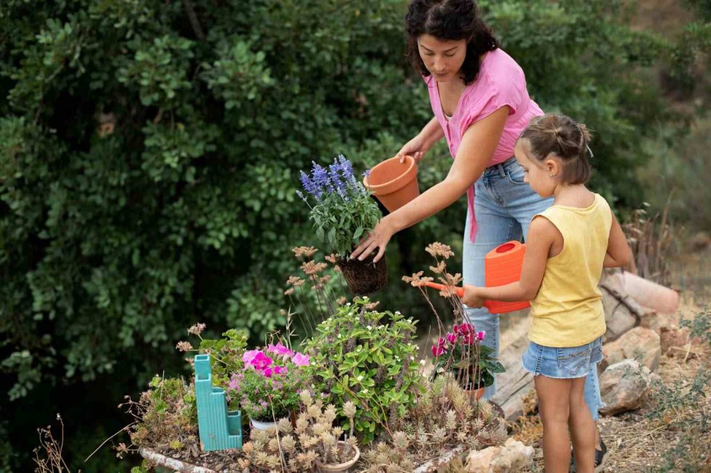 Mother and daughter gardening