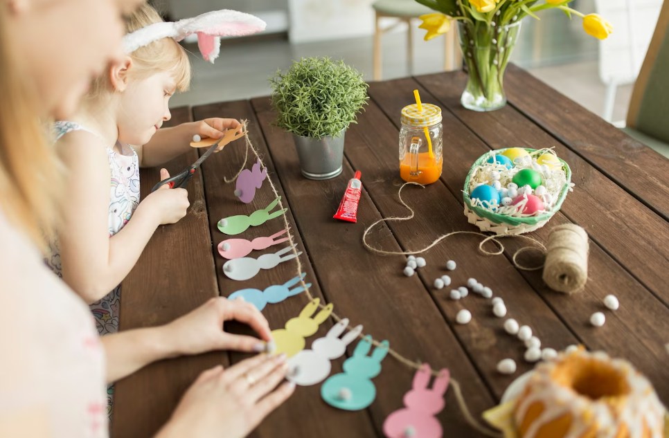 Students making easter bunny garland